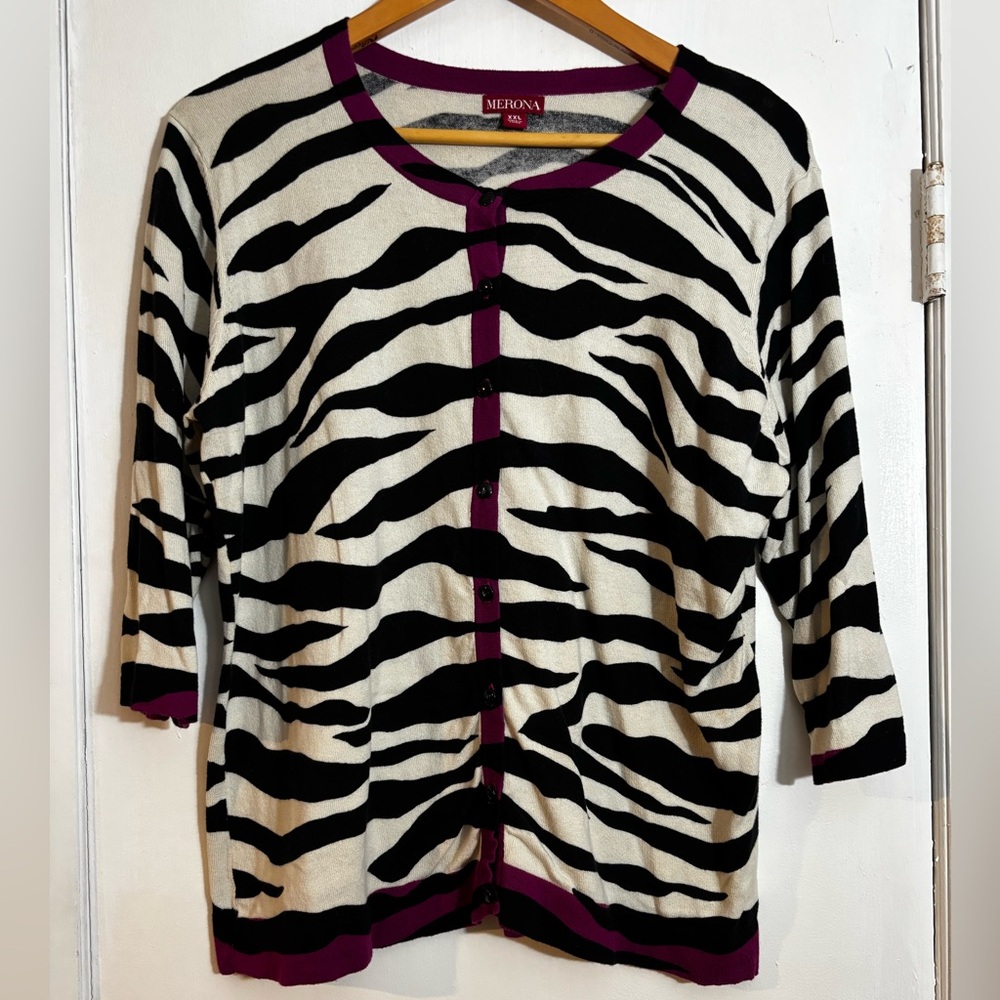 Merona Black and White Zebra Cardigan with Purple Trim